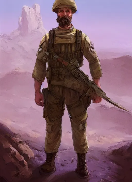 Image similar to purple scene lighting, detailed character portrait concept art, white male, strong muscular mature, soldier with beard, short hair, in a soldier uniform, desert with city in the background, sharp focus, illustration, highly detailed, digital painting, concept art, matte, art by wlop and artgerm and greg rutkowski, masterpiece