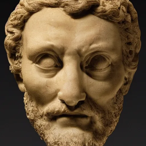 Prompt: Photograph Of face Michelangelo's sculpture, Parts of the face have golden rinds and small cracks