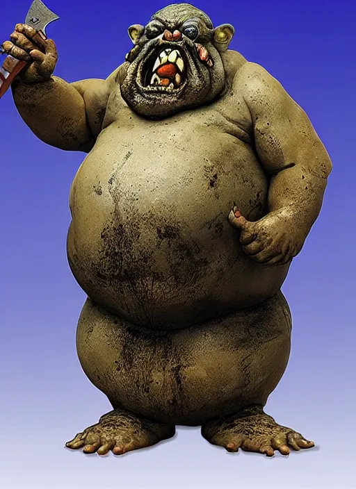 Prompt: Image on the store website, eBay, Wonderfully detailed 80mm Resin figure of a ugly fat monster with a dirty knife .