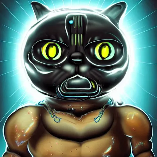 Prompt: Cute digital art depicting a fat cat as The Terminator (1984), glowing eyes