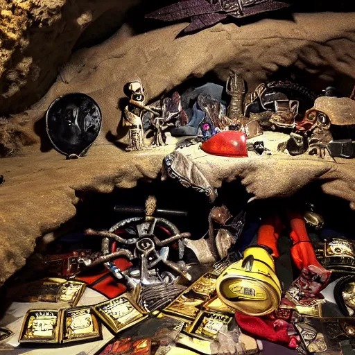 Prompt: a cave hiding a pirate's treasure hoard