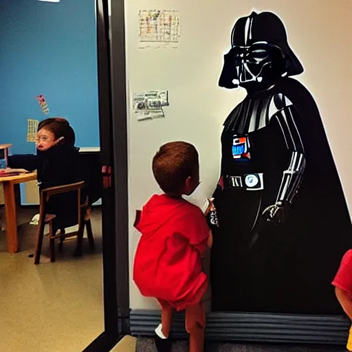 Prompt: “Darth Vader in school room with kids, painting in the style of Norman Rockwell”