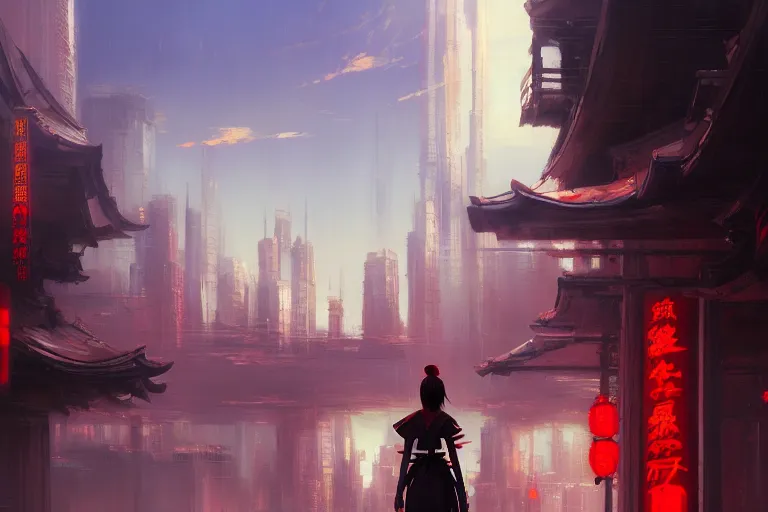 Image similar to baroque oil painting of anime key visual concept art of a samurai girl, red futuristic concrete cityscapes, background chinese futuristic city, trending on artstation, palette knife and brush strokes, oil on canvas, style of makoto shinkai greg rutkowski studio ghibli