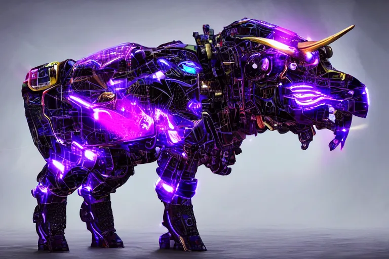 Image similar to a cybertronic bison, leds, high detail, sharp, studio, digital art