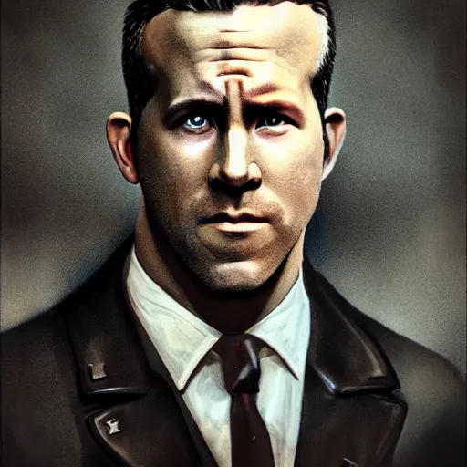 Image similar to hyperrealistic mixed media image of a ryan reynolds disguised as mussolini, stunning 3 d render inspired art by istvan sandorfi and greg rutkowski, perfect facial symmetry, realistic, highly detailed attributes and atmosphere, dim volumetric cinematic lighting, 8 k octane extremely hyper - detailed render, post - processing, masterpiece,