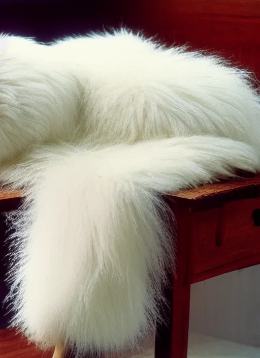 Prompt: realistic photo of a white fluffy hairy sweater, straight laying on a wooden desk 1 9 9 0, life magazine reportage photo, natural colors