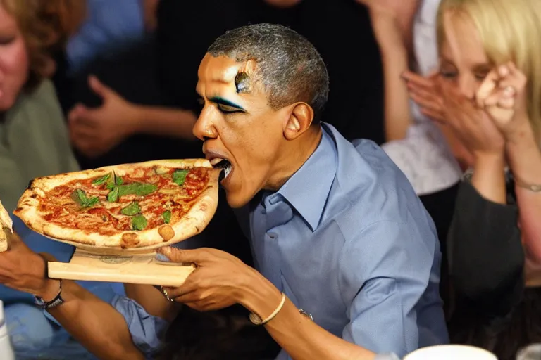 Prompt: a photo of obama eating pizza