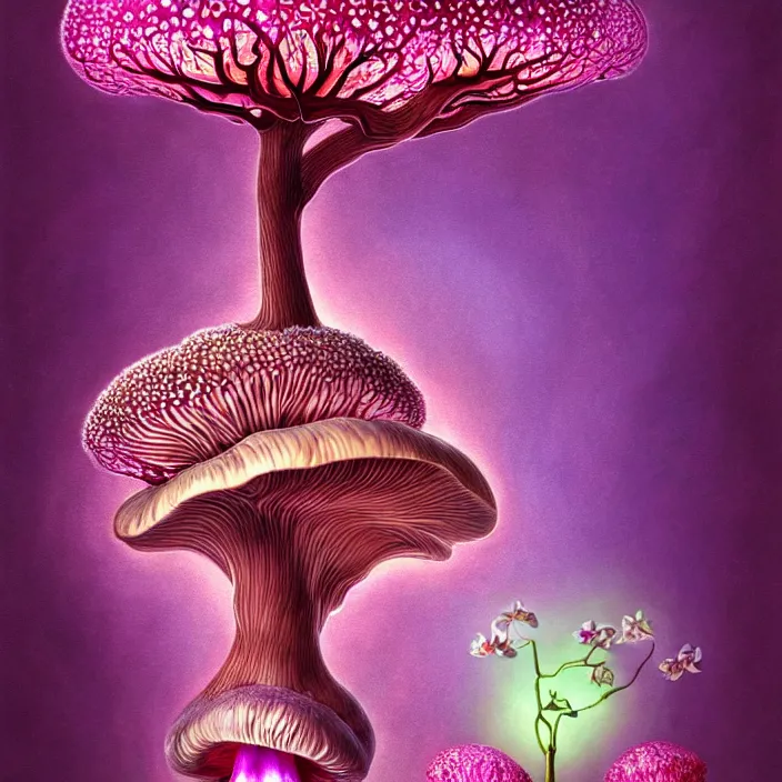 Prompt: extremely psychedelic organic embryo made of orchid and cherry blossom tree and mushroom, LSD embryo, diffuse lighting, fantasy, intricate, elegant, highly detailed, lifelike, photorealistic, digital painting, artstation, illustration, concept art, smooth, sharp focus, art by John Collier and Albert Aublet and Krenz Cushart and Artem Demura and Alphonse Mucha