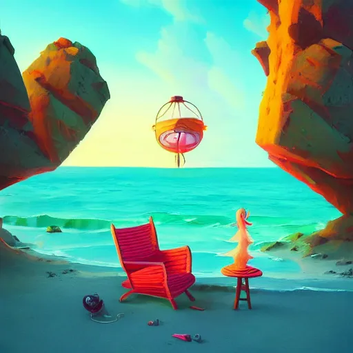 Prompt: cute chair on the beach metaphysical art, fantasy, surrealism, zbrush, unreal engine, vibrant, detailed, by gediminas pranckevicus, rhads, anton fadeev, and tim doyle, unreal engine, trending on artstation, masterpiece