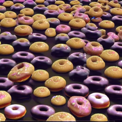 Image similar to raining donuts on a city in a studio ghibli animation