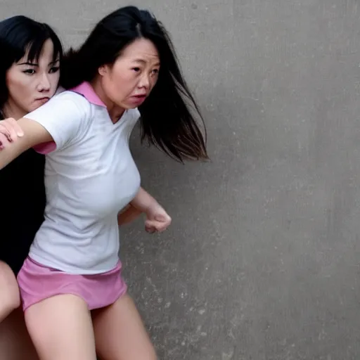 Prompt: brunette woman fighting chinese woman