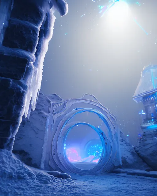 Prompt: interdimensional galaxy portal covered in frost, ice gate, volumetric light, volumetric fog, unreal engine, frostpunk photorealistic, 8 k by beeple