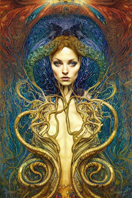 Image similar to Rebirth by Karol Bak, Jean Deville, Gustav Klimt, and Vincent Van Gogh, majestic portrait of a sacred serpent, Surreality, radiant halo, shed iridescent snakeskin, otherworldly, fractal structures, celestial, arcane, ornate gilded medieval icon, third eye, spirals