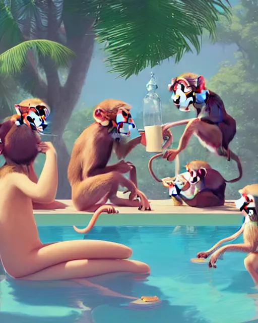 Image similar to highly detailed surreal vfx portrait of cartoon monkeys drinking coffee at a pool party, stephen bliss, unreal engine, greg rutkowski, loish, rhads, beeple, makoto shinkai and lois van baarle, ilya kuvshinov, rossdraws, tom bagshaw, global illumination, detailed and intricate environment