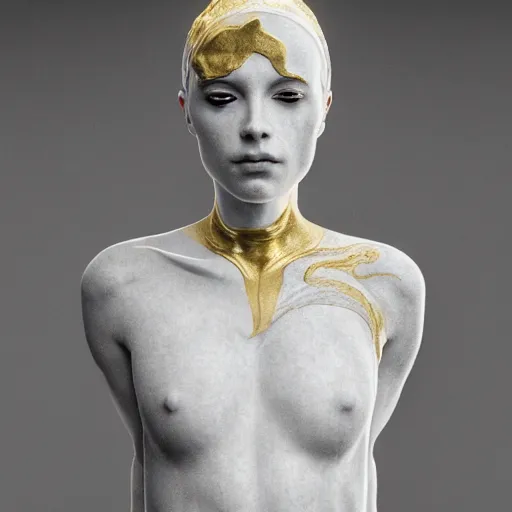 Image similar to a statue made of white marble with gold veins, of an beautiful gorgeous angel girl, full body shot, perfect symmetrical body, perfect symmetrical face, no eyes, hyper realistic, hyper detailed, fujicolor superia 1 6 0 0 photo, by peter kemp, by monia merlo, by michelangelo octane render, blender, 8 k