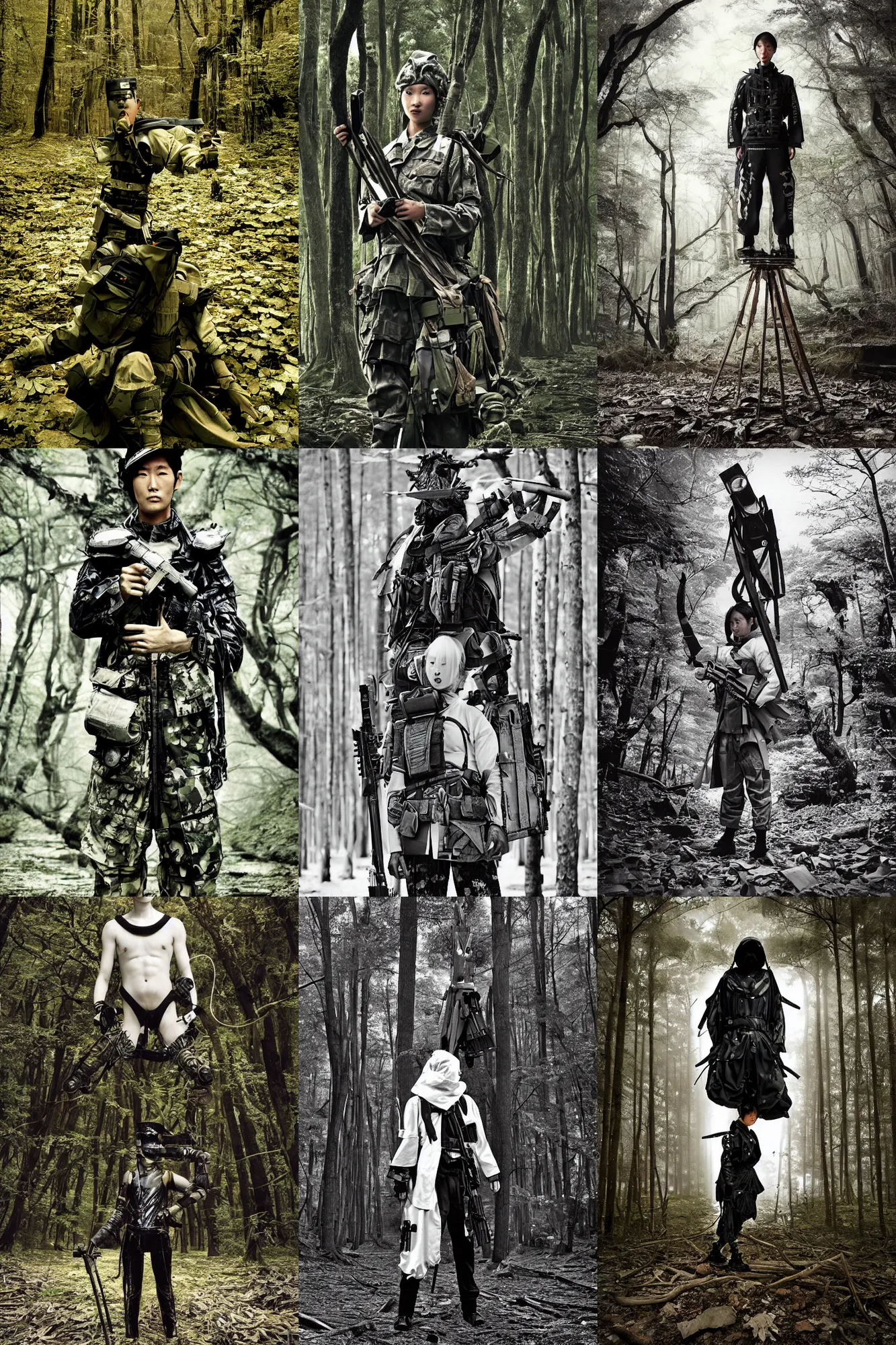 Prompt: fashion model with white and black ancestral ornate japanese tactical gear standing in an ancient japanese forest, long shot, dark abandoned city streets, by irving penn and storm thorgerson, ren heng, peter elson, alvar aalto