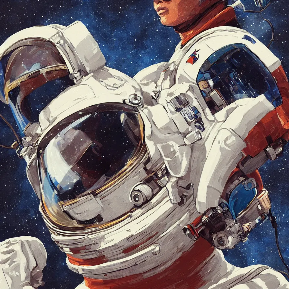 Image similar to a detailed astronaut helmet wearing a headphone by john romita jr, digital painting, digital art, beautiful, dynamic lighting, cinematic, epic composition, masterpiece