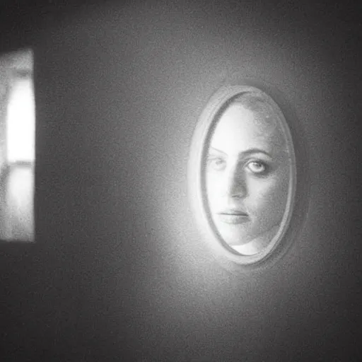 Image similar to Brittany Murphy spirit in the dark misty mirror, dark eerie pic, photo taken by ghost adventures