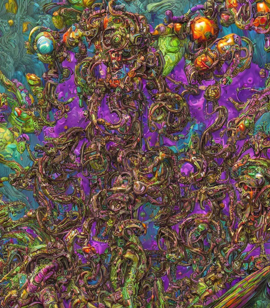 Image similar to hyper-maximalist lowbrow style overdetailed 3d sculpture of a monster by clogtwo and ben ridgway inspired by beastwreckstuff chris dyer and jimbo phillips. Cosmic horror infused retrofuturist style. Hyperdetailed high resolution. Render by binx.ly in discodiffusion. Dreamlike surreal polished render by machine.delusions. Sharp focus.