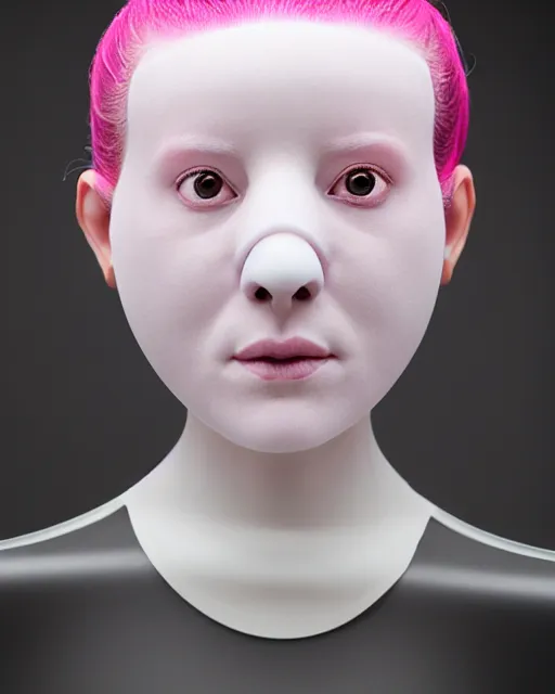 Prompt: symmetrical portrait of a woman wearing a embroidered translucent silicone mask and pink hair buns, wearing a black bodysuit by alexander mcqueen, cream white background, soft diffused light, biotechnology, humanoide robot, bjork aesthetic, translucent, by rineke dijkstra, intricate details, highly detailed, masterpiece,