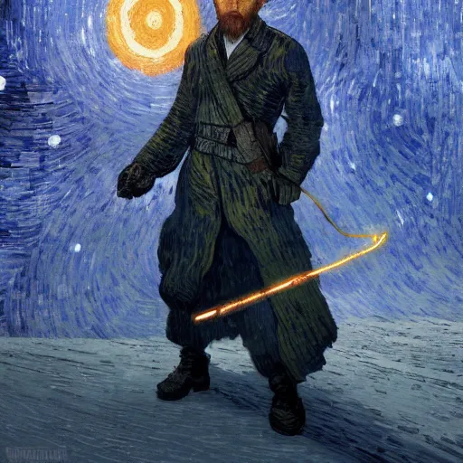 Image similar to van gogh as a star wars jedi knight, cinematic lighting, highly detailed, concept art, art by wlop and artgerm and greg rutkowski, masterpiece, trending on artstation, 8 k