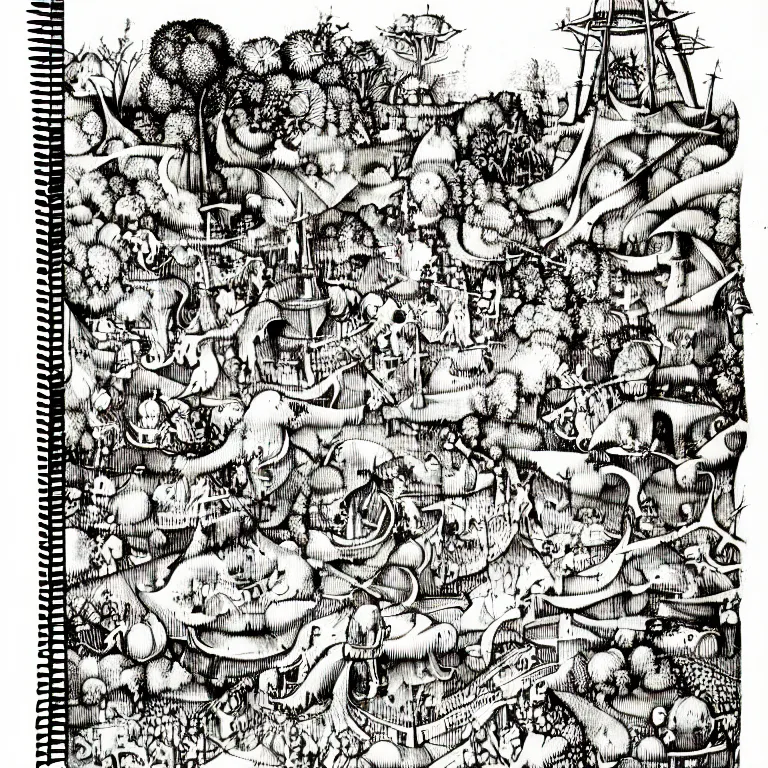 Image similar to hieronymus bosch garden on eden sketchbook ink drawing by james jean highly detailed high contrast