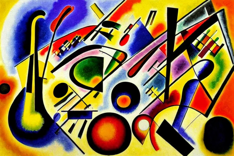 Image similar to jazz quintet, painting, kandinsky, saxophone, drums, piano, trumpet, realistic