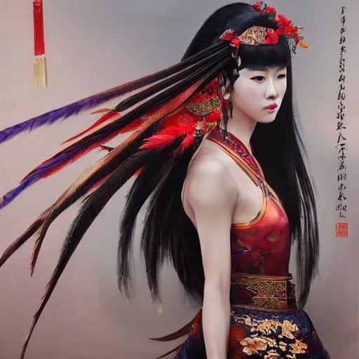 Prompt: A striking hyper real portrait painting of a gorgeous sword dance Chinese costume woman , trending on artbreeder, long hair, smoke, feathers flying, flowers rain everywhere, full body XIANXIA, Chinese temple, depth of field by Yoji Shinkawa 4k