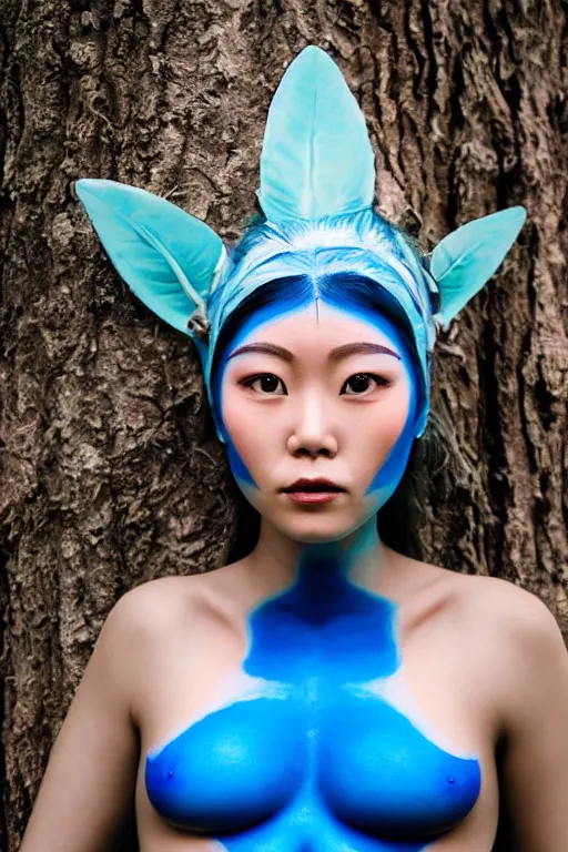 Image similar to a korean woman dressed as a blue-skinned female navi from avatar standing in a forest, blue body paint, high resolution film still, 8k, HDR colors, cosplay, outdoor lighting, high resolution photograph, photo by bruce weber, beautiful symmetric face, beautiful gazing eyes