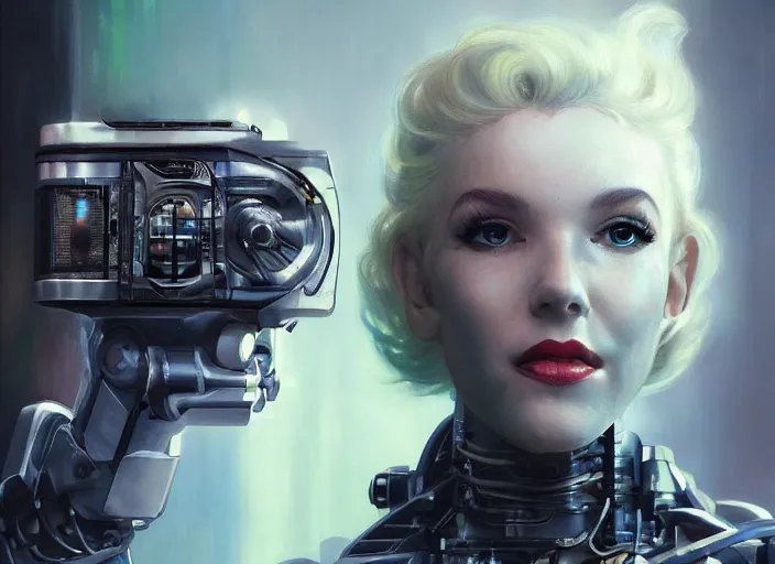 Image similar to Ultra realistic full shot of a cyborg Marilyn Monro,cyberpunk,sci-fi, fantasy,Kodak , colour led, soft light, volumetric lighting ,night, intricate, elegant, highly detailed, digital painting, artstation, concept art, smooth, sharp focus, illustration,art by artgerm and greg rutkowski and alphonse mucha