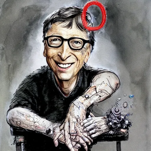 Image similar to bill gates holding a vaccine in his hand, Body horror, by Ralph Steadman