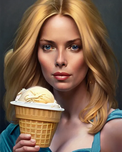 Image similar to portrait of a blonde fuller figured barbara bach from the bond film wearing dungarees and eating ice creams in porto, real life skin, intricate, elegant, highly detailed, artstation, concept art, smooth, sharp focus, art by artgerm and greg rutkowski and alphonse mucha