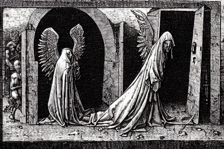 Image similar to fallen angel begs to enter the gates of hell by moebius and hieronymus bosch