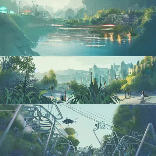 Prompt: beautiful happy picturesque charming organic futuristic sci - fi town in harmony with nature. water and plants. beautiful light. grainy and rough. soft colour scheme. beautiful artistic vector graphic design by vincent bons. ( 2 0 2 2 )