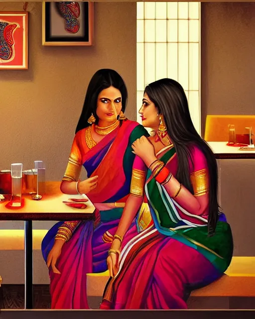 Prompt: a guy and girl on a date in a restaurant, saree, desi, art by salman toor. faithfully depicted facial expression, perfect anatomy, sharp focus, global illumination, radiant light, detailed and intricate environment, trending on artstation