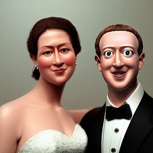 Prompt: animatronic Mark Zuckerberg, exposed mechanics, wedding photo, Stan Winston studios, detailed, 4k
