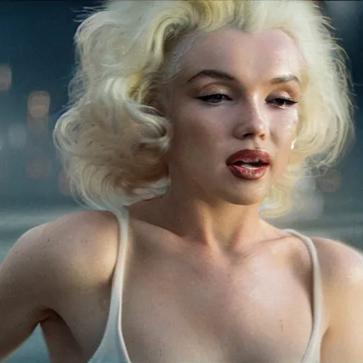 Prompt: 8 k hyperrealistic close range shot of blade runner 2 0 4 7 with marilyn monroe crying with natural hair, sweat, realistic skin with imperfections, very small lips, white summer dress. empty head. extremely long blonde hair flowing in the wind. urban landscape in the background with strong sun. lenses 5 0 mm