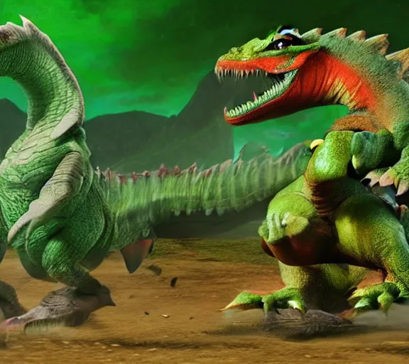 Image similar to yoshi in monster hunter, green dinosaur