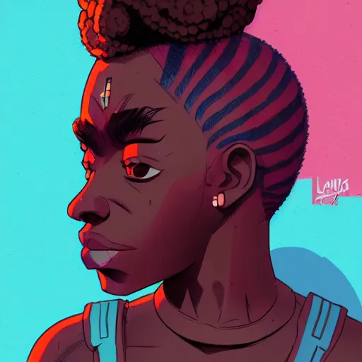 Image similar to Portrait design of afropunk urban character in a street, medium shot, asymmetrical, 3/4 profile picture, painting by Alberto Mielgo and Laurie Greasley and Lois van Baarle, trending on artstation,