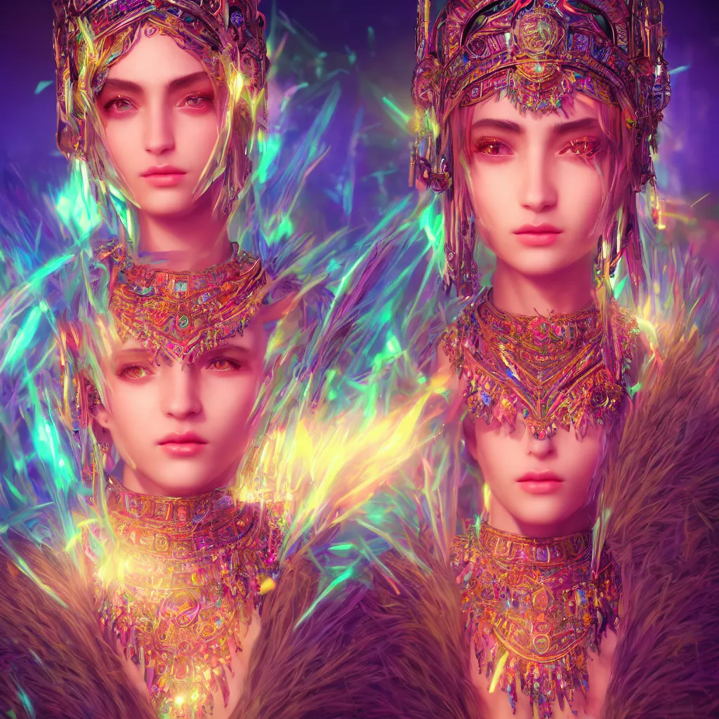 Image similar to portrait highly detailed beautiful symmetrical face high priestess intricate elegant detailed crystal jewellery with tribal feathers, lush colourful volumetric lighting, anime digital painting, concept art, smooth, sharp focus 3 d, divine realm of gods, realistic cinematic style, octane render, photographic, unreal engine 8 k