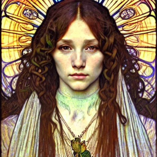 Image similar to detailed realistic beautiful young medieval queen face portrait by jean delville, alphonse mucha, vincent van gogh, and marco mazzoni, art nouveau, symbolist, visionary, gothic, pre - raphaelite