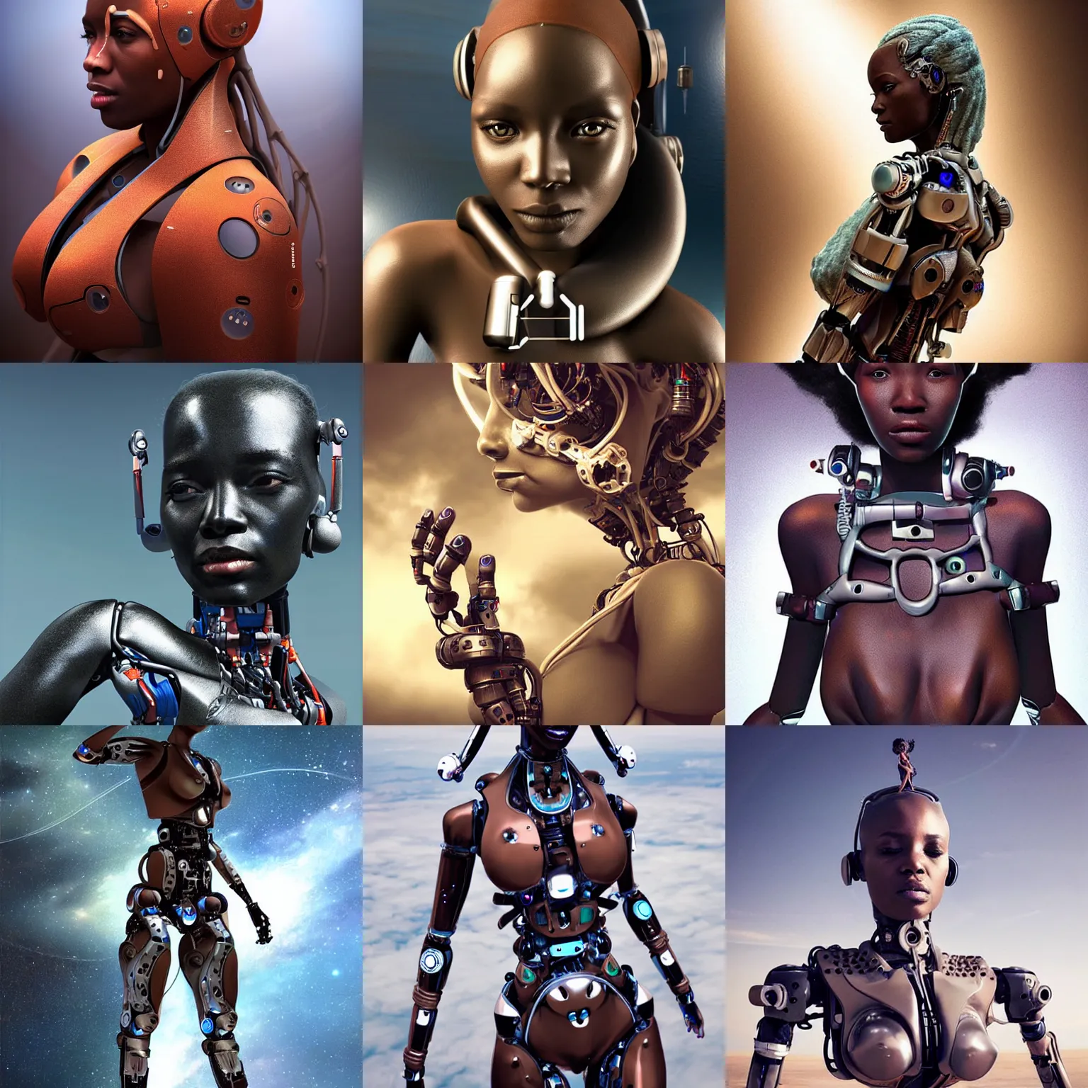 Image similar to beautiful futuristic himba cyborg woman, robotic arms, weightless in space, hyperrealistic, scifi, concept art, photograph