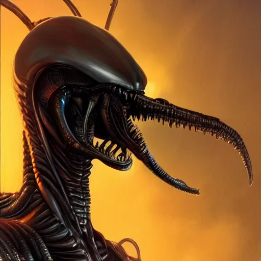 Prompt: A Xenomorph from Aliens, fantasy, medieval, vivid colrs, elegant, concept art, sharp focus, digital art, Hyper-realistic, 4K, Unreal Engine, Highly Detailed, HD, Dramatic Lighting by Brom, trending on Artstation