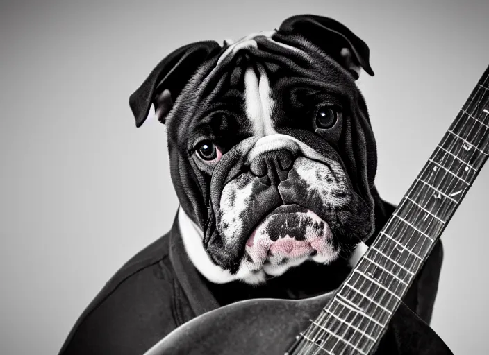 Image similar to a closeup, 4 5 mm, detailed photograph of a famous english bulldog rockstar holding a gitar, beautiful low light, 4 5 mm, by franz lanting