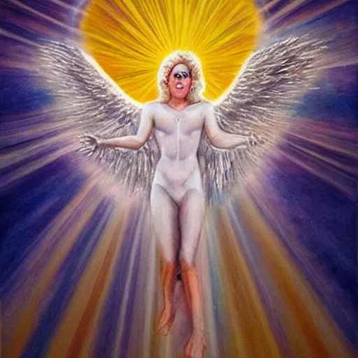 Image similar to church painting of lady gaga angel in heaven, super realistic, celestial, miraculous, sun rays, award winning