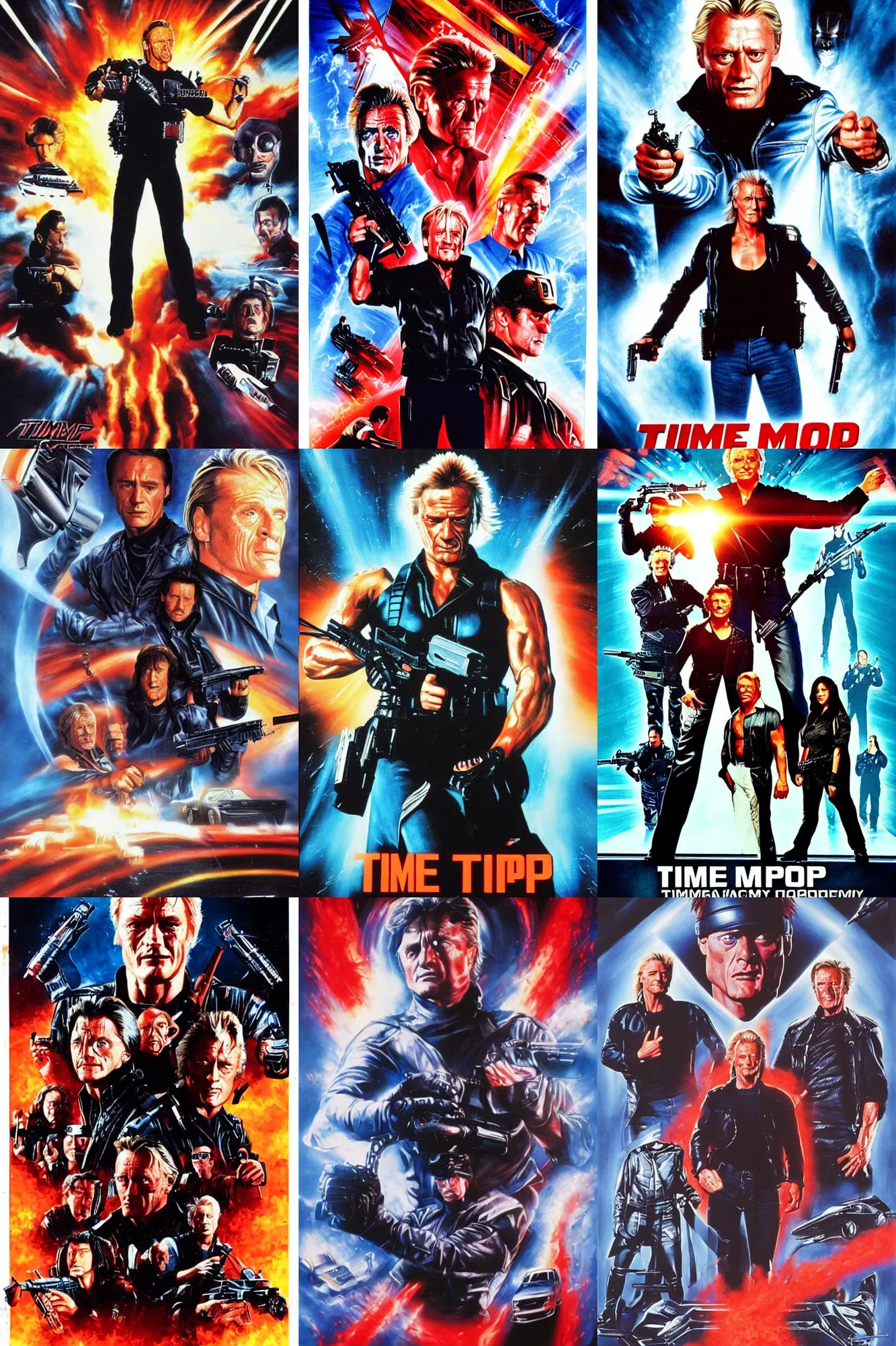 Prompt: movie poster for timecop academy, starring ( jcvd ), rutger hauer!, lance henriksen!, jeff fahey!!, airbrushed artwork, big heads!, explosions, supporting characters, dramatic expressions, artwork by john alvin!!!