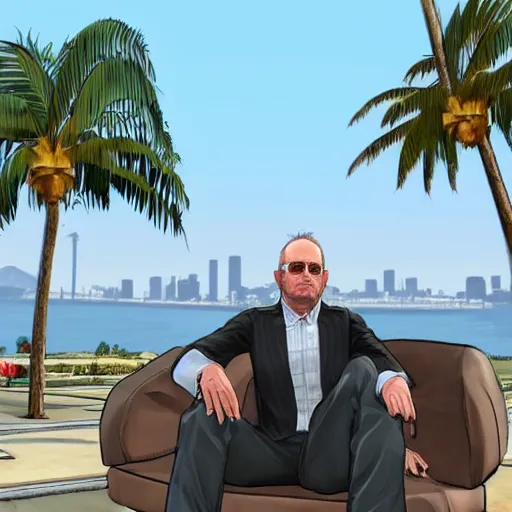 Prompt: Michael Ehrmantraut in GTA V . Los Santos in the background, palm trees. In the art style of Stephen Bliss.