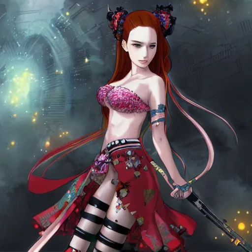 Image similar to concept art illustration of a beautiful young japanese christina hendricks natalie portman as anime protagonist, wearing tokyo harajuku street fashion combat warrior fantasy bikini, intricate, elegant, gorgeous, stunning, alluring, art by hyng tae kim, art style of blade and soul