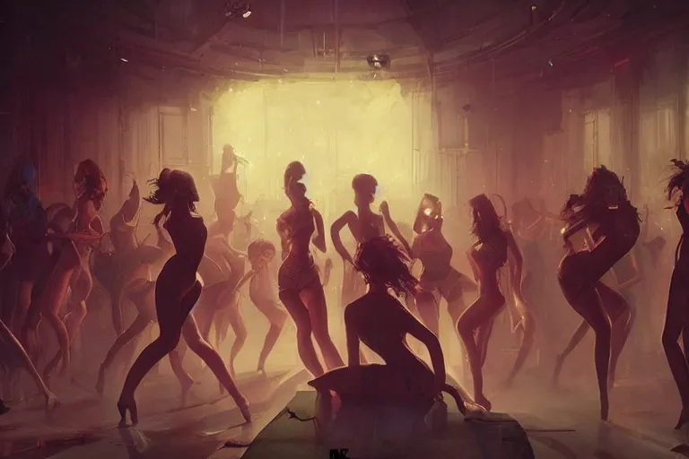 Prompt: night club, girls dance, cinematic lighting, exaggerated detailed, unreal engine, art by greg rutkowski & peter mohrbacher
