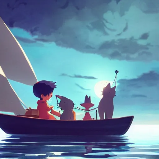 Image similar to a wholesome animation key shot of a black cat sailing a boat in the night, medium shot, studio ghibli, pixar and disney animation, sharp, rendered in unreal engine 5, anime key art by greg rutkowski, bloom, dramatic lighting